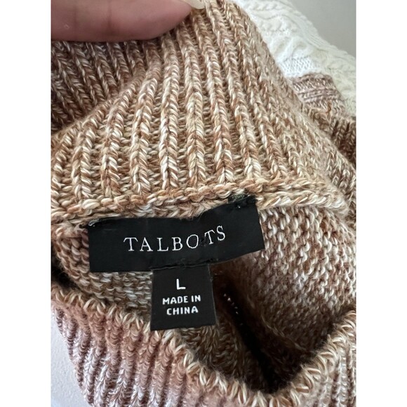 Talbots Sweater Womens Large Brown Cream Cable Knit Mock Neck ColorBlock - Picture 2 of 9